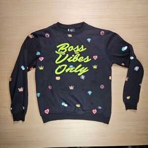 Bleeker & Mercer Boss Vibes Only Crewneck Sweatshirt Black‎ Size L Graphic AOP